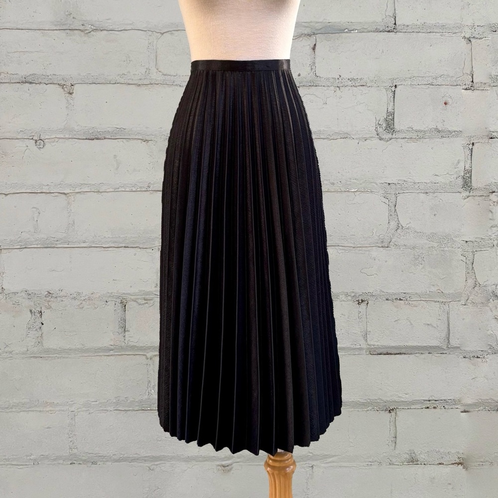 Pleated Black Satin Midi Skirt